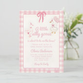 Drawn Silly Goose pink Gingham Ribbon Baby Shower 招待状 (スタンド正面)