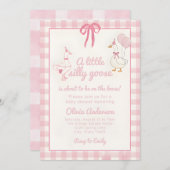 Drawn Silly Goose pink Gingham Ribbon Baby Shower 招待状 (正面/裏面)