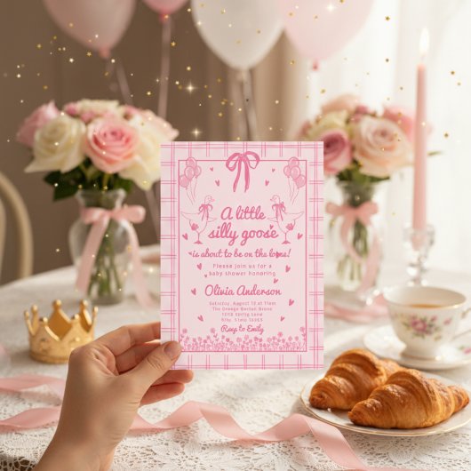 Drawn Silly Goose pink Gingham Ribbon Baby Shower 招待状