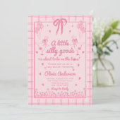 Drawn Silly Goose pink Gingham Ribbon Baby Shower 招待状 (スタンド正面)