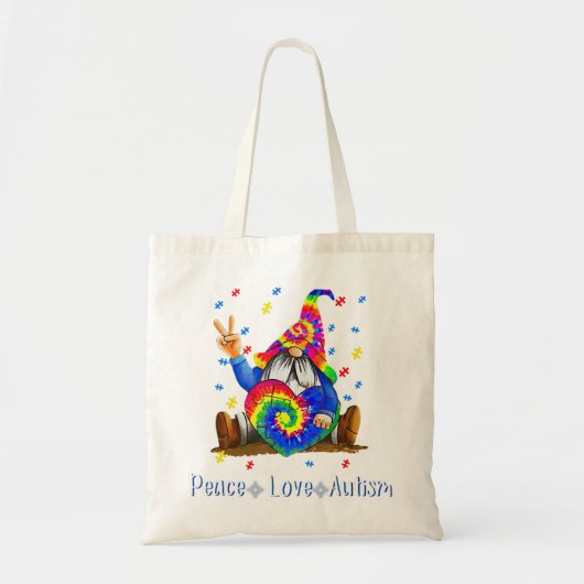 Drawstring closurePeace Love自閉症格言自閉症T トートバッグ (正面)