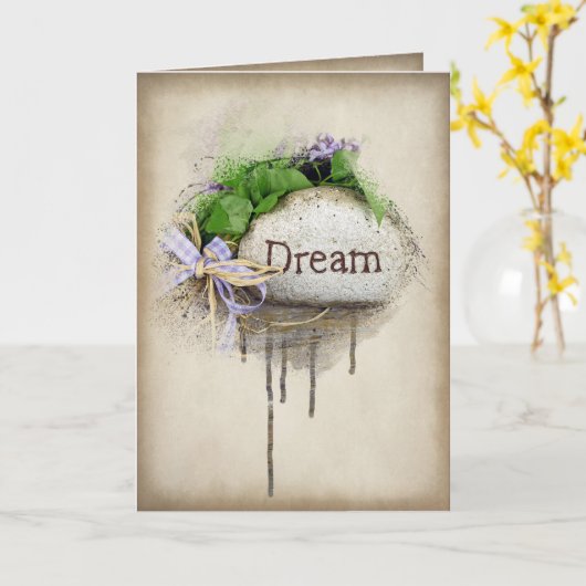 DREAM文字を石に彫った カード (黄色い花)