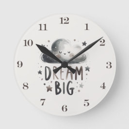 Dream Big Cloud and Stars Nursery Wall Clock ラウンド壁時計