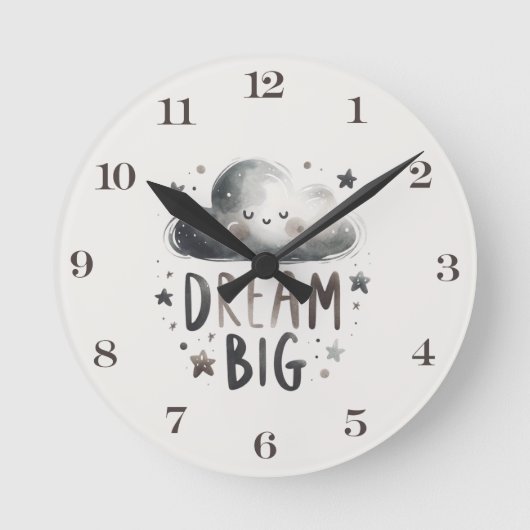 Dream Big Cloud and Stars Nursery Wall Clock ラウンド壁時計 (正面)