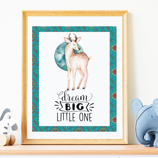 Dream Big Deer ボホ ブルー 境界線の幼児部屋 アート ポスター