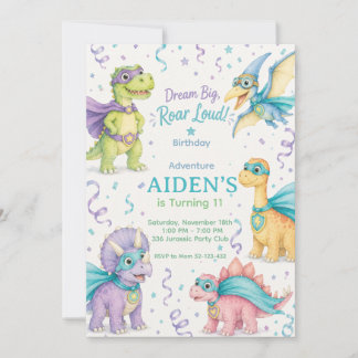 Dream Big Roar Loud Dinosaur Birthday Watercolor 招待状