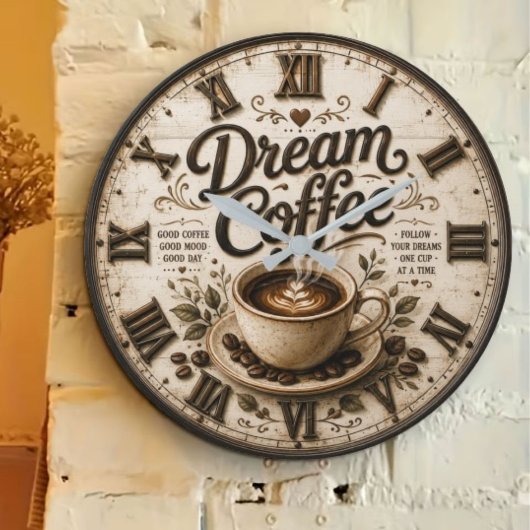 Dream Coffee Rustic Farmhouse Bar Kitchen Decor ラージ壁時計