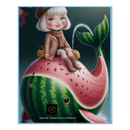 Dream Ride – Cute Girl on Watermelon Whale Fantasy ポスター