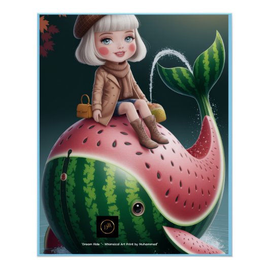 Dream Ride – Cute Girl on Watermelon Whale Fantasy ポスター (正面)