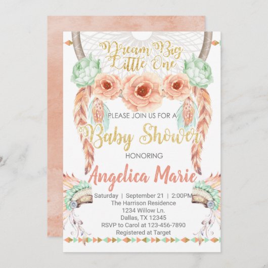 Dreamcatcherのベビーシャワーの招待状の珊瑚のティール(緑がかった色) 招待状 (正面/裏面)