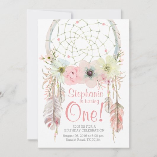 Dreamcatcherのbohoのピンクのパステル調の誕生日の招待 招待状 (正面)