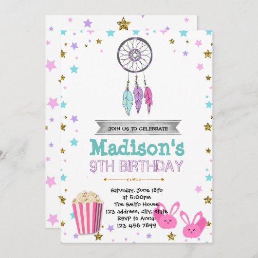 Dreamcatcherのsleepoverのパーティーの誕生日の招待 招待状 (正面/裏面)