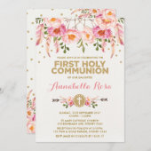 Dreamcatcher Holy Communion Chic Pink金ゴールドフローラ 招待状 (正面/裏面)