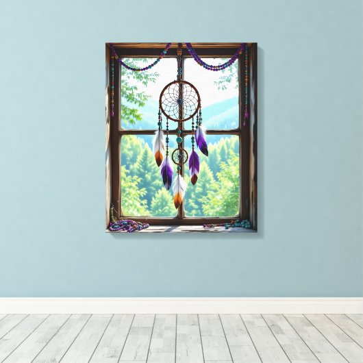 Dreamcatcher in Window | Boho Art キャンバスプリント (インサイチュ (ウッドフロア))