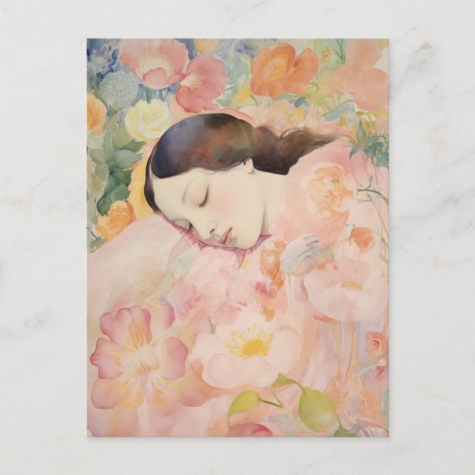 Dreaming in Bloom – Watercolor Sleeping Woman ポストカード (正面)