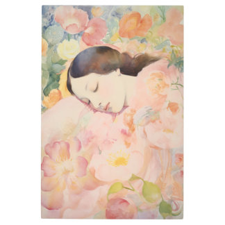 Dreaming in Bloom – Watercolor Sleeping Woman メタルプリント
