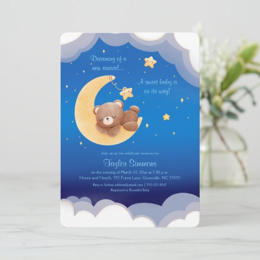Dreaming New Arrival Bear Night Sky Baby Shower 招待状 (スタンド正面)
