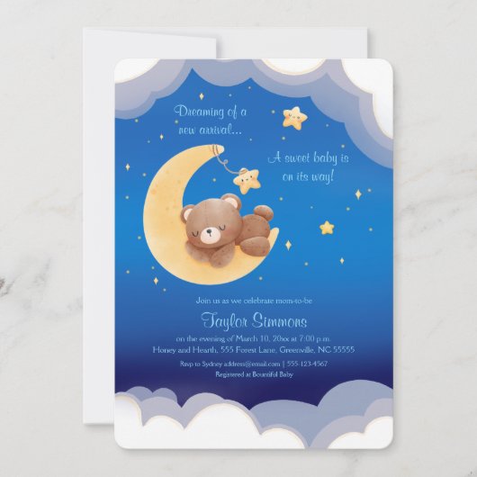 Dreaming New Arrival Bear Night Sky Baby Shower In 招待状 (正面)