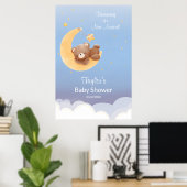 Dreaming Teddy Bear Moon Soft Blue Baby Shower ポスター (ホームオフィス)