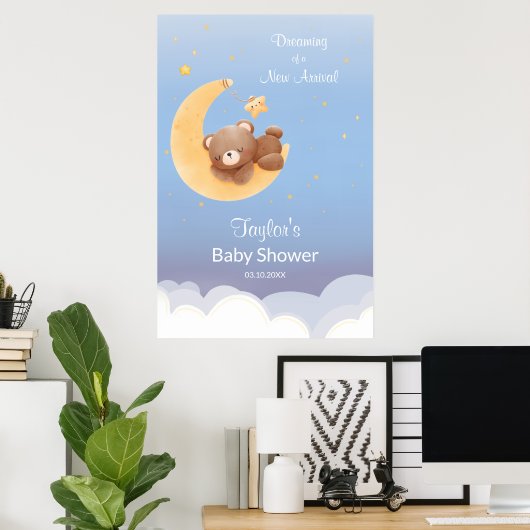 Dreaming Teddy Bear Moon Soft Blue Baby Shower ポスター (ホームオフィス)