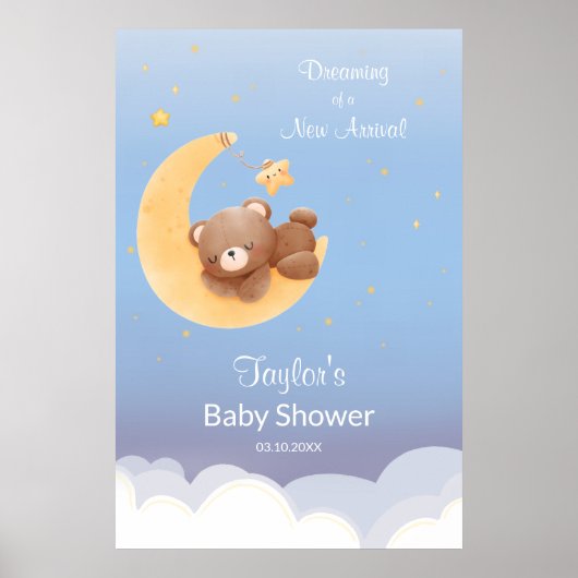 Dreaming Teddy Bear Moon Soft Blue Baby Shower ポスター (正面)