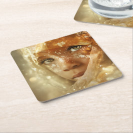 Dreamlike Children Portrait | Golden Veil Gaze スクエアペーパーコースター