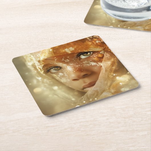 Dreamlike Children Portrait | Golden Veil Gaze スクエアペーパーコースター (アングル)
