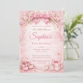 Dreamy and Glitter Floral Pink Bow 1st Birthday 招待状 (スタンド正面)