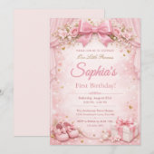 Dreamy and Glitter Floral Pink Bow 1st Birthday 招待状 (正面/裏面)