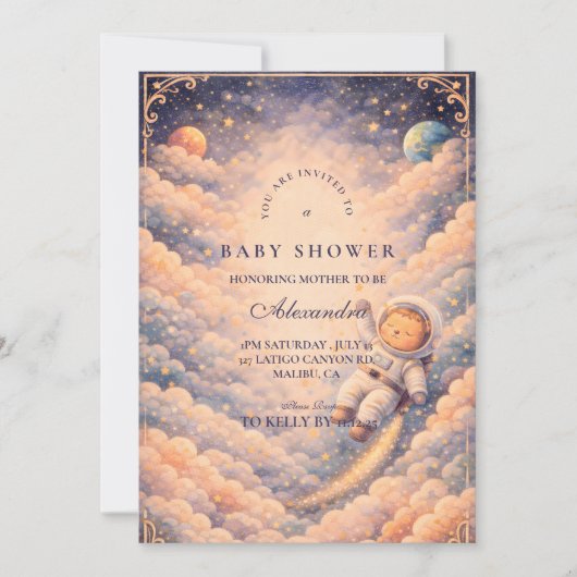 Dreamy Astronaut Cloudscape Baby Shower 招待状 (正面)