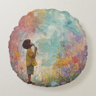 Dreamy Autumn Watercolor Park Scene Pillow ラウンドクッション