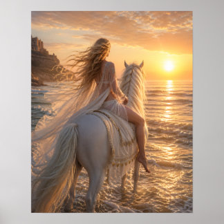 Dreamy Bareback horse on the beach at sunset ポスター