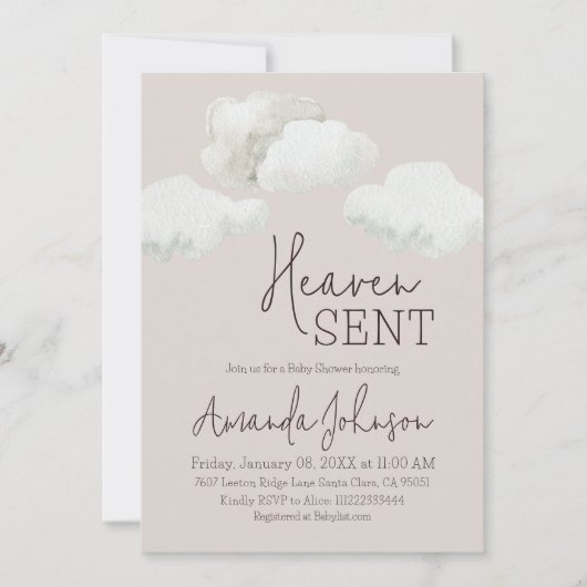 Dreamy Beige Heaven Sent Baby Shower 招待状 (正面)