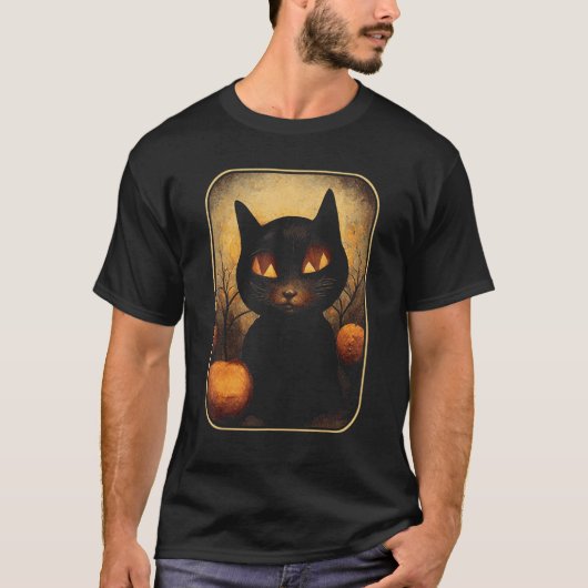 Dreamy Black Cat in Magic Pumpkin Forest Tシャツ (正面)