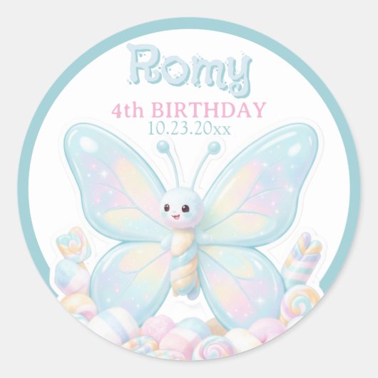 Dreamy Blue Cotton Candy Birthday Butterfly  ラウンドシール (正面)