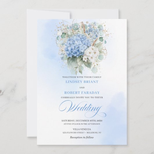 Dreamy Blue Hydrangea Gold Floral Wedding Invite 招待状 (正面)