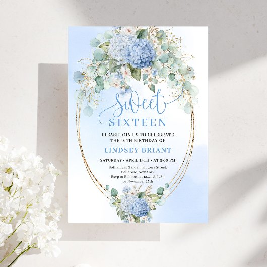 Dreamy Blue Hydrangeas Gold Sweet Sixteen Invite 招待状