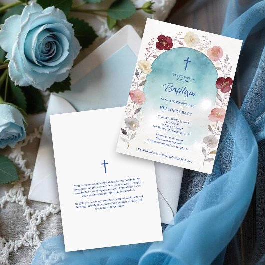 Dreamy Blue Shades Floral Frame Arch Baptisme 招待状