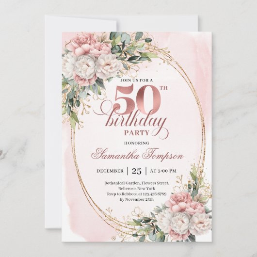 Dreamy Blush Floral 50th Birthday Celebration   招待状 (正面)