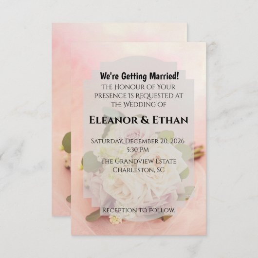 Dreamy Blush Pink Rose and Tulle Romantic Wedding  招待状 (正面/裏面)