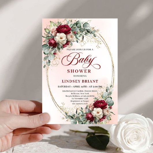 Dreamy Bohemian Deep Red Floral Baby Shower 招待状