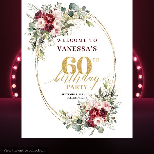 Dreamy Boho Burgundy Floral Gold 60th Birthday  タペストリー