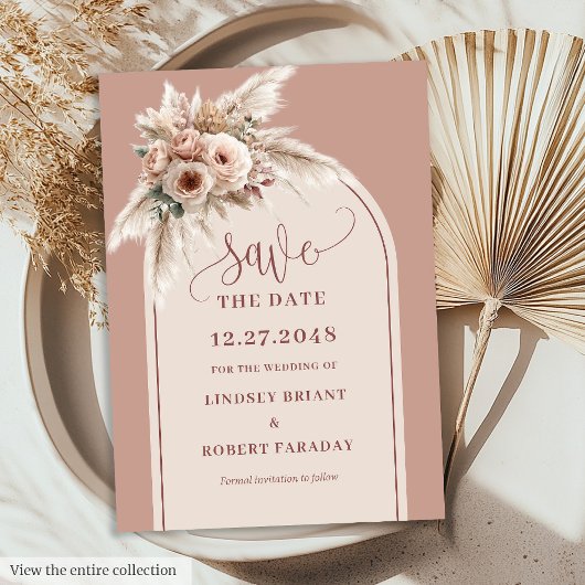 Dreamy Boho Dusty Pink Floral Arch Save the Date 招待状
