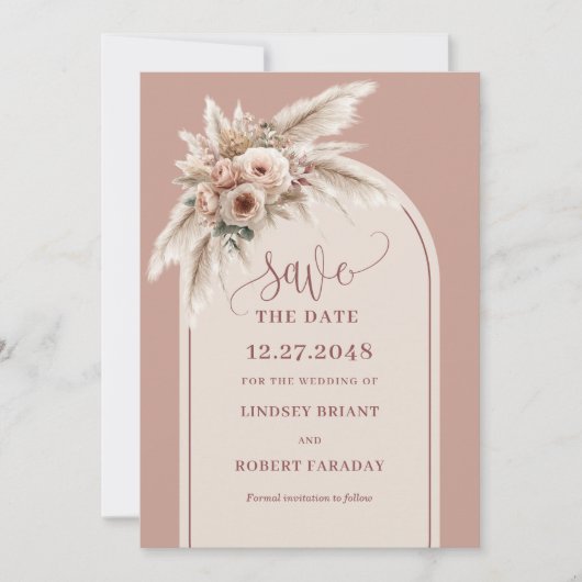 Dreamy Boho Dusty Pink Floral Arch Save the Date 招待状 (正面)