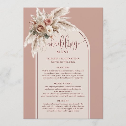 Dreamy Boho Dusty Rose Pampas Floral Wedding Menu メニュー (正面)