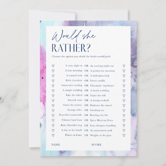 Dreamy Bridal Shower Would She Rather Game Card 招待状 (正面)