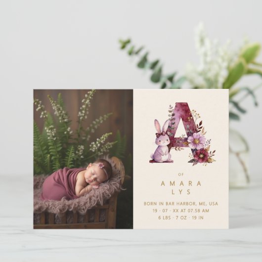 Dreamy Bunny A Initial Gold Glitter Newborn 案内状 (スタンド正面)
