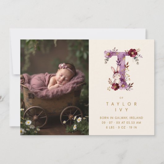 Dreamy Bunny T Initial Gold Glitter Newborn 案内状 (正面)