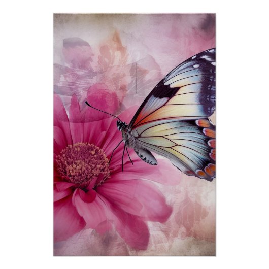 Dreamy Butterfly on Floral Canvas ポスター (正面)