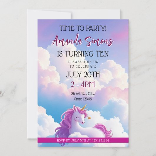 Dreamy Cloud Magical Unicorn Girl 10th Birthday 招待状 (正面)